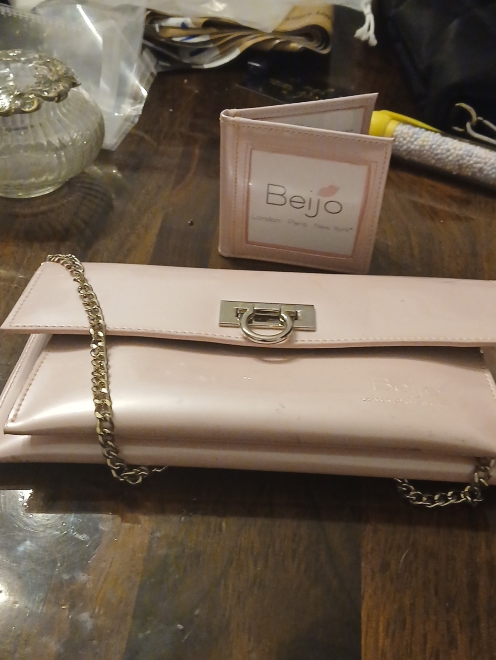Beijo Blush Patent Leather Clutch with Silver Chain